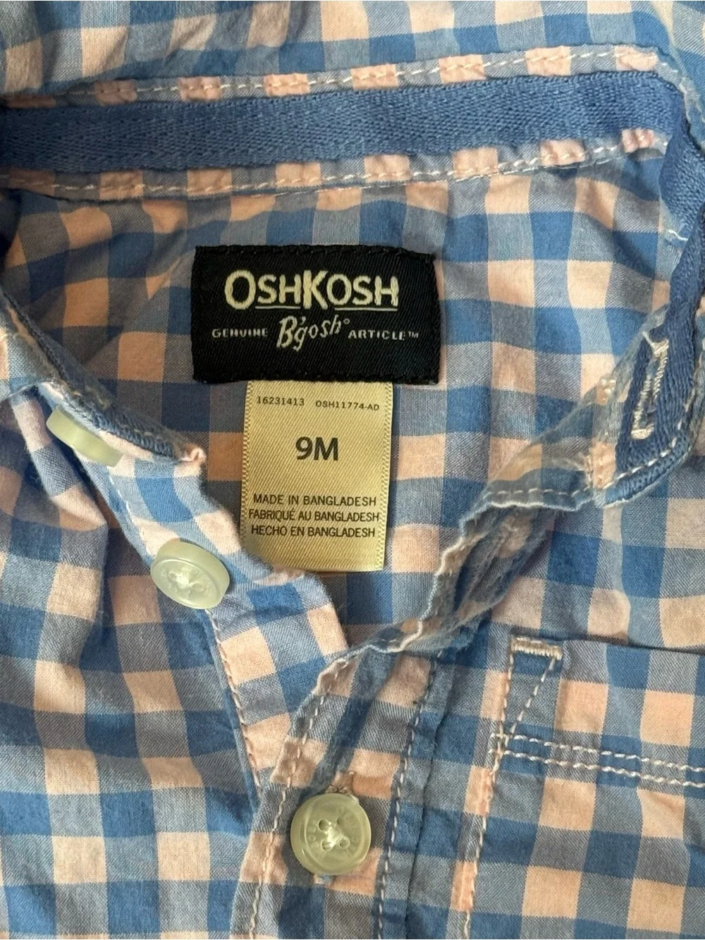 OshKosh Baby Boy Gingham Button Down Bodysuit 9M